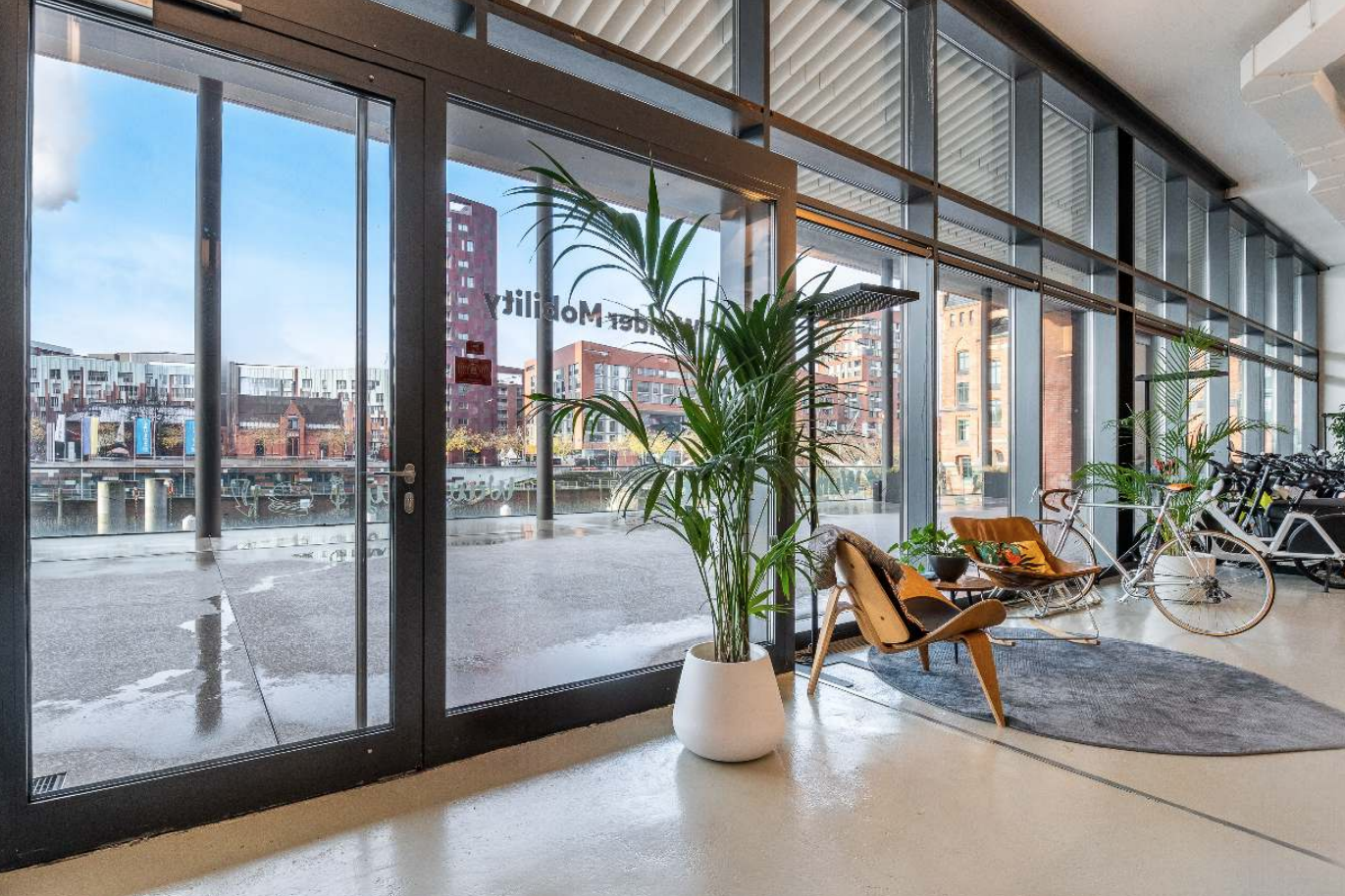 Waterfront terrace overlooking the Elbe at House of AI HafenCity